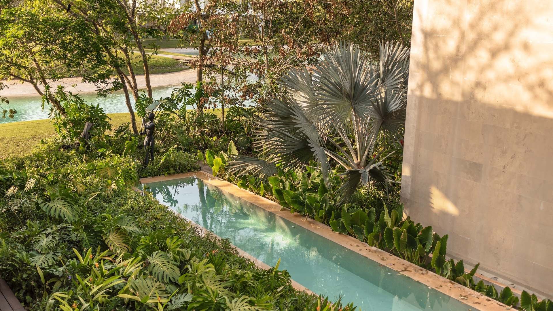 Alberca rodeada de jardín tropical y palma en una residencia en Mérida